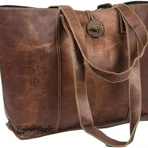 Vintage Genuine Leather Tote <b>Bag</b> for Women Office <b>Laptop</b> Shoulder Purse with Letter Pattern <b>Canvas</b> Material Shopper Handbag - Product Image 1