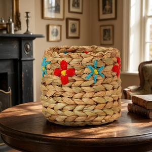 Eco-Friendly Handwoven Natural Water Hyacinth & Jute <b>Pen</b> Holder with Floral Embroidery & 4-Grid Compartment Divider Organization - Product Image 5