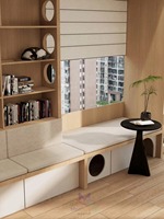 Étagère ouverte multifonctionnelle minimaliste en chêne avec rangement, sièges rembourrés sur mesure et niche pour animaux – Idéale pour le bureau à domicile