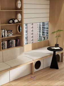 Étagère ouverte multifonctionnelle minimaliste en chêne avec rangement, sièges rembourrés sur mesure et niche pour animaux – Idéale pour le bureau à domicile - Product Image 6
