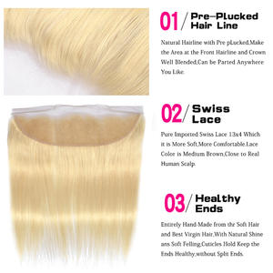 Vente en gros de cheveux humains russes bruts blonds 613 lisses, avec closure frontale en dentelle 13x4 et trame nouée à la main, pour coiffures tendance - Product Image 5