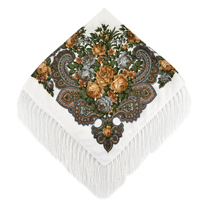 Foulards carrés vintage ethniques bohèmes russes pour femmes, 90x90cm, à franges, en polyester imprimé floral, vente en gros - Product Image 6