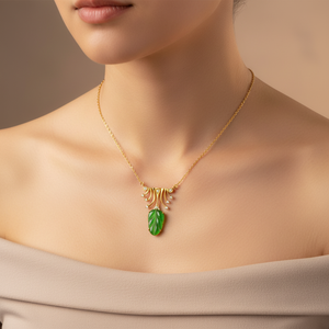 Collar de oro natural auténtico de jadeíta feicui de grado A con colgante de hoja de la paz, cadena de oro, estilo de alta gama - Product Image 2