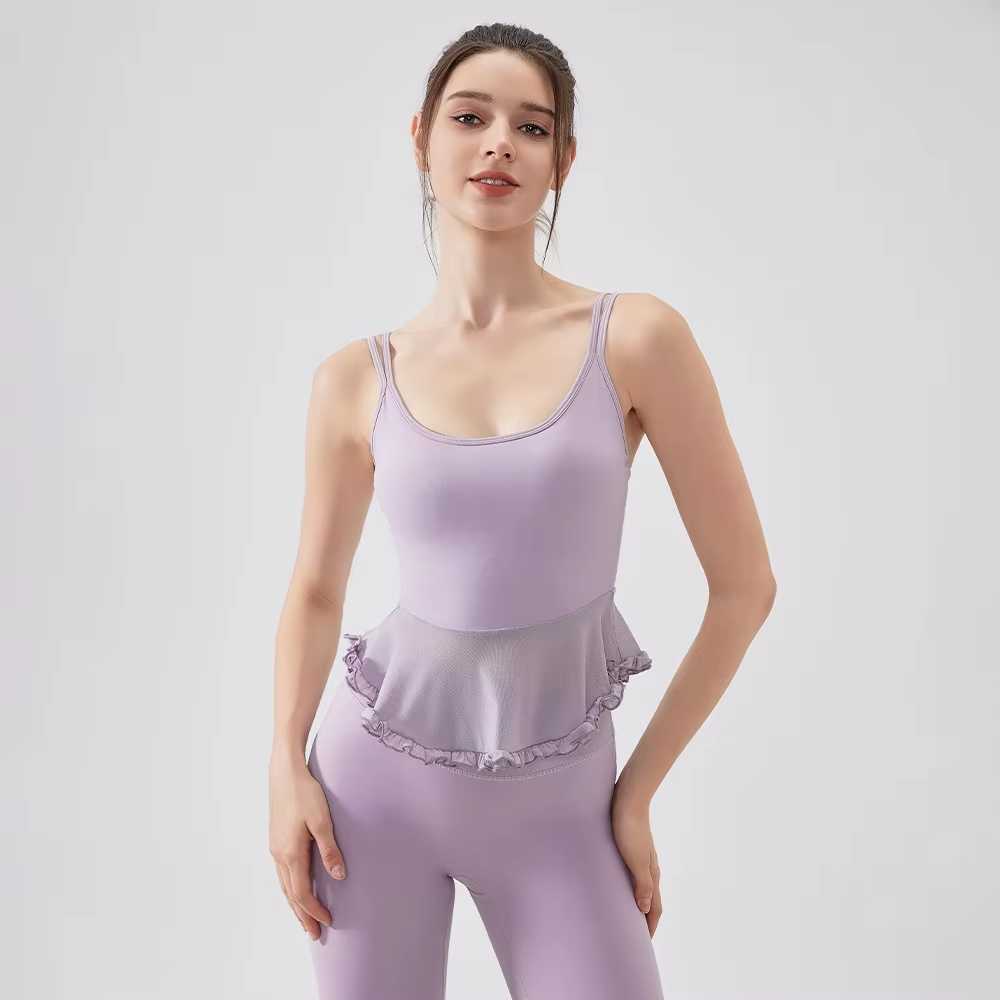 Double Strap Ruffle Hem Yoga Tank Top Mesh Panel Fashionable Workout Top Breathable Elegant Gym Top for Yoga Pilates Fitness