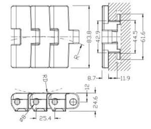 783 Sideflex Run Bisagra única Ingeniería de flexión magnética Cadena de hoja de plástico Cadena transportadora Gancho Pie Torneado Cadena de plástico - Product Image 2