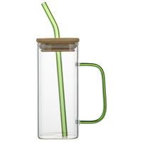 Offistar 386ml Verre carré en borosilicate au design classique avec poignée, couvercle en bambou et pailles pour eau et bière