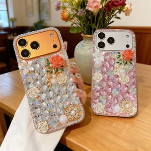 Funda Brillante con Diamantes y Flores Rosas para iPhone 17 Air 16 Pro 15 Max, Carcasa Trasera DIY de TPU con Diseño de Arcoíris y Purpurina - Product Image 2