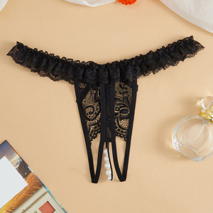 Ding Zhi Mei culotte string sexy en dentelle noir entrejambe perle détail femmes intimes - Product Image 2