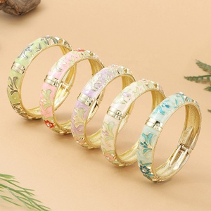 Factory Wholesale New Chinese Style Travel Gift Color Drop Spring Open <b>Bracelet</b> Peony Cloisonne Ladies Vintage Enamel Bangles - Product Image 2