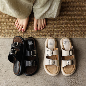 <b>Soft</b> Sheepskin Platform Slide Sandals Women Adjustable Buckle Open Toe Casual Outdoor <b>Shoes</b> - Product Image 1
