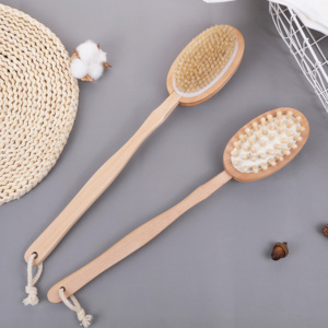 Double Sided Bath Brush with Long Wooden Handle, Natural Bristle and Nylon for <strong>Back</strong> <strong>Scrub</strong>, Exfoliating Body Care &amp; Home Use - Product Image 2