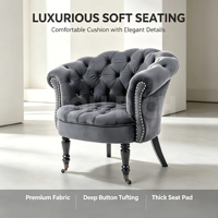 Fauteuil classique capitonné avec pieds en bois massif et roulettes avant, décoration rivetée, chaise d'appoint en velours, mobilier d'attente pour salon