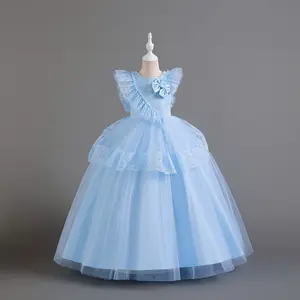 Children's Ball Gown Lace Princess Flower Girl Dress Kids Wedding Party Host Performance Dress Embroidery Pattern Decoration