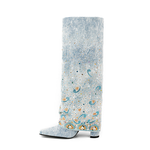 WETKISS-<span class=keywords><strong>Botas</strong></span> altas hasta la rodilla para mujer, zapatos vaqueros de talla grande personalizados, <span class=keywords><strong>con</strong></span> tacón alto de bloque, pantalones vaqueros azules <span class=keywords><strong>con</strong></span> cristal - Product Image 4