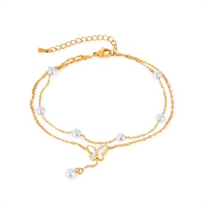 Ins Popular Stainless Steel Pearl Charm Double Layer Chain butterfly Charm <b>Anklet</b> - Product Image 1