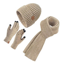 Vente en gros Bonnet d'hiver unisexe tendance en tricot thermique multicolore Ensemble durable de gants de luxe Chapeau Écharpe