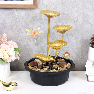 Fuente de agua Golden Lotus con libélula, decoración de escritorio para interiores, para oficina, sala de estar, entrada, 110-220V, hierro, plástico, estilo contemporáneo - Product Image 1