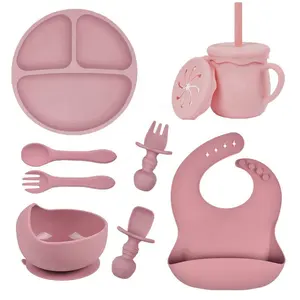 Food grade silikon balita anak-anak peralatan makan anak-anak alat makan makanan hisap bayi bib piring mangkuk sendok set garpu