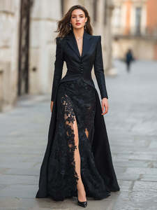 Vestido Largo Elegante para Mujer con Cuello en V, Mangas Largas, Corte Amplio y Lazo, Estilo Casual y Sofisticado con Decoración de Encaje para Primavera y Otoño - Product Image 4