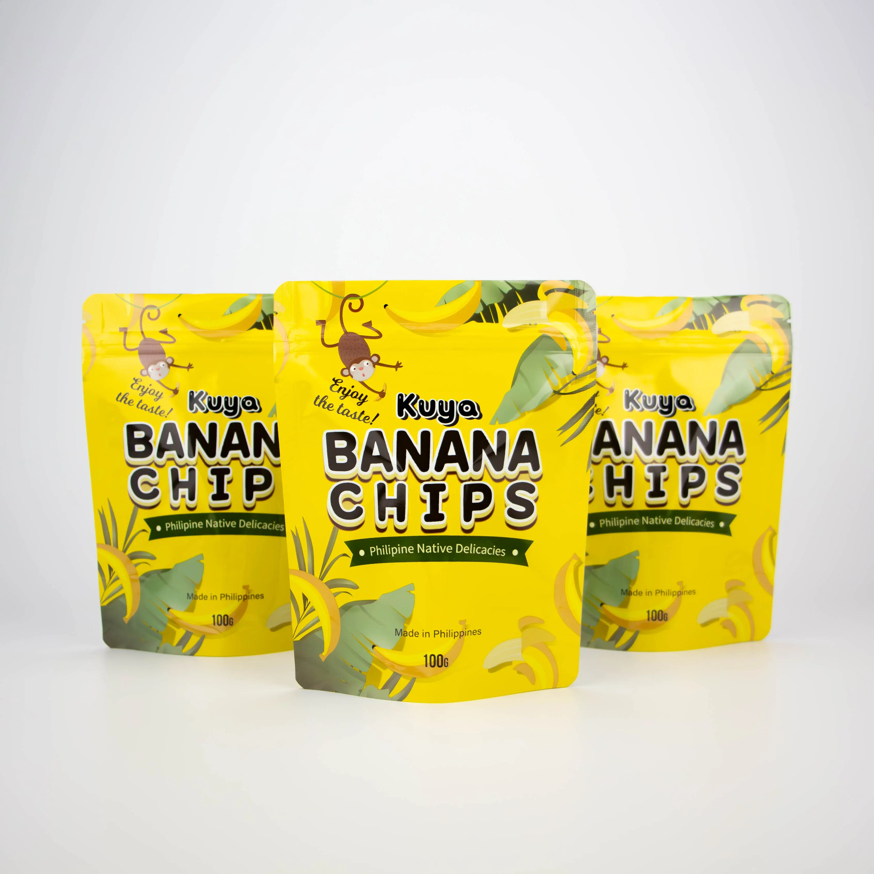 Emballage refermable de chips de banane imprimées sur mesure pochette debout à fermeture éclair sac en plastique pour chips de fruits