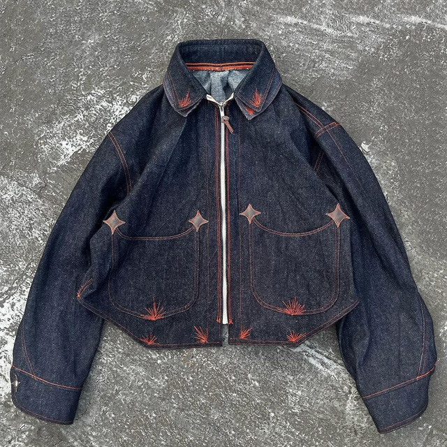 High Quality Men's Streetwear Heavyweight Oversized Boxy Cropped Zip up Embroidery Denim Jacket