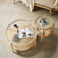 Table basse en rotin nordique Dreamhause, table basse ronde en bois massif pour salon, table d'angle, taille personnalisée