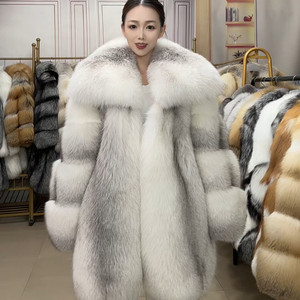 Manteau en vraie fourrure de renard croisé, chaud et moelleux, pour femme, épais, blanc, col châle large, mi-long, veste en fourrure véritable pour l'hiver - Product Image 4