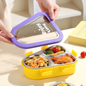 Bencircle B278 Multi-Compartment Stainless Steel <b>Lunch</b> <b>Box</b> with Fork, Spoon, and Snap Lock Lid - Product Image 6