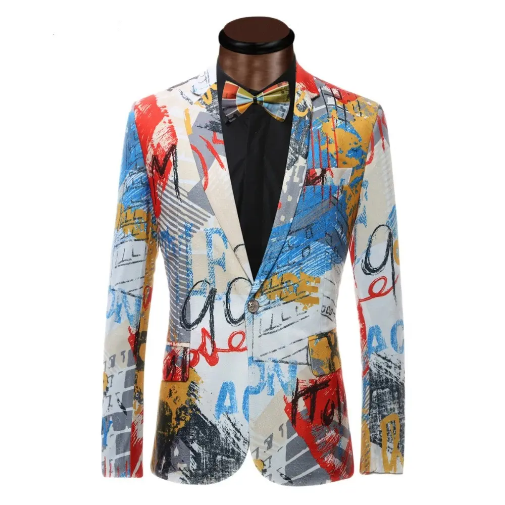Chaqueta de moda para hombre, chaqueta con estampado, traje, abrigos, estilo callejero, para fiesta, ajustada, con 2 bolsillos, nueva