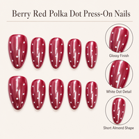 H003-7 Kaixin Faux Ongles Courts Amande à Coller Rouge Bordeaux à Pois Blancs Brillants – Vente en Gros