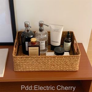 Handmade Woven Rectangular Storage <b>Basket</b> With Handle For Desktop Entryway Coffee Table Snack And Sundry Storage - Product Image 2