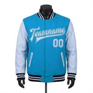 LONG MISSION INDUSTRY <b>Men's</b> <b>Winter</b> Turquoise White Solid Varsity Jacket Front Embroidered Logo Letterman <b>Coat</b> 100% Cotton/<b>Wool</b> - Product Image 1