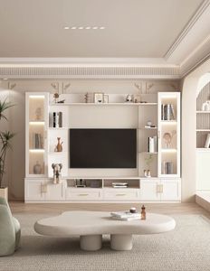 קרם סגנון טלוויזיה קונסולת עץ מוצק אקו-לוח אחסון עם עיצוב משולב יחידה רב-תכליתית - Product Image 1