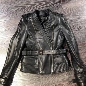 <strong>Women</strong> Genuine <strong>Leather</strong> <strong>Jacket</strong> High Quality V-neck Zipper <strong>Real</strong> <strong>Leather</strong> <strong>Jacket</strong> Ladies With Belt - Product Image 5