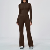 Nouvel ensemble 2 pièces transfrontalier pour le yoga et le sport : Manteau uni à manches longues avec fermeture éclair et pantalon évasé, haute élasticité, sans couture, séchage rapide