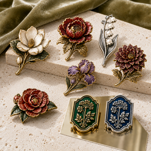 Broches élégantes en relief floral antique, badges métalliques texturés personnalisés pour robes, foulards, boîtes cadeaux - Product Image 1