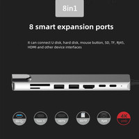 Station d'accueil Type-C 8 en 1 vers 4K HD MI Lecteur de carte TF SD USB 3.0 RJ45 PD 87W Charge Multi-port Hub USB C pour macbook