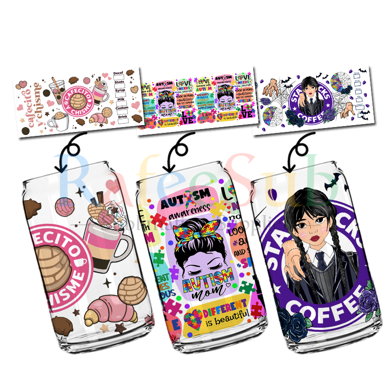 Готовая к отправке, оптовая продажа, наклейка UV DTF, наклейки для кружек, переводки для пивного стакана объемом 16 унций, прозрачная матовая стеклянная чашка объемом 16 унций, банка на 16 унций