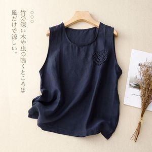 Women's Thin Tank Top Loose Fit Round Neck Cotton Linen Sleeveless Top Summer Style Artistic Retro Design - Product Image 3