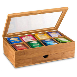 Wooden Tea <b>Storage</b> <b>Box</b> With Compartments Transparent Lid Bamboo Rectangular Decorative Organizer For Tea Bags Kitchen Use - Product Image 1