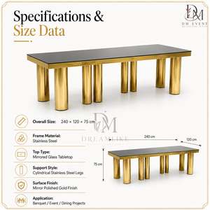 Mesa de Comedor Premium de Acero Inoxidable Dorado con Cubierta de Vidrio Espejo y Patas de Múltiples Columnas para Banquetes de Boda, Venta al por Mayor de Fábrica - Product Image 5