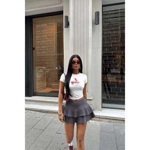 Minifalda Casual de Verano Riley, Estilo Urbano con Cintura Imperio, Pliegues Estampados, Tela Gris Humo - Product Image 1