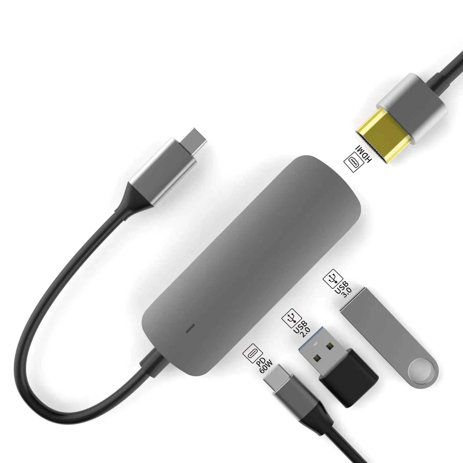 Usb adapter 4 port Type C to HD-MI USB3.0 USB2.0 PD 60W gray BASIX popular usb hubs