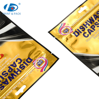 Sachet d'emballage personnalisé pour capsules de lave-vaisselle, type stand-up, pour la vente au détail et l'emballage de produits d'entretien ménager, avec trou de suspension et impression métallique