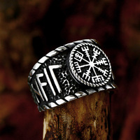 Cincin Kompas Amulet Rune Viking Baja Anti Karat Desain Unik SS8-1194R, Perhiasan Klasik untuk Pria, Hadiah