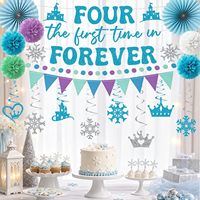Dekorasi Ulang Tahun Pertama Setelahnya, Spanduk Frozen ke-4 dengan Hiasan Gantung, Dekorasi Poms Penggemar Putri Usia 4 Tahun