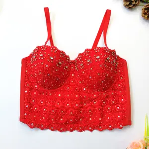 Women's Lace Shiny Diamond Studded Bead Suspender Top Short Sexy Tight Shaped Bra Suspender Top