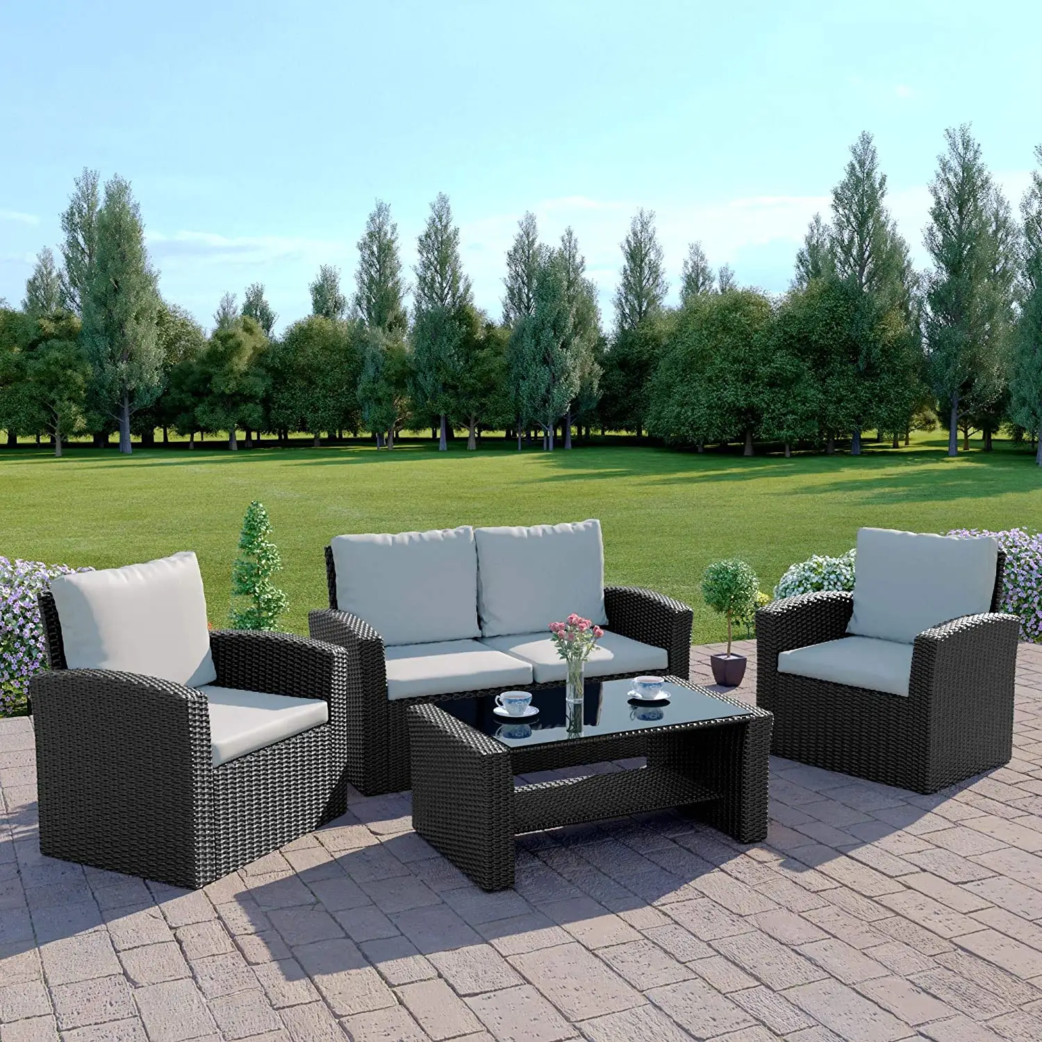 Rattan Outdoor Garden Patio/Wintergarten 4-Sitzer-Sofa und Sessel mit Kissen und Couch tisch