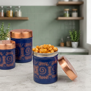 Boîte de conservation alimentaire en métal de style marocain, ronde avec couvercle, design cuivre bleu, 1-3L, boîte de rangement pour épices, garde au frais - Product Image 2