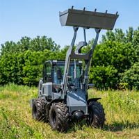 Mini-chargeuse sur pneus, petite chargeuse frontale articulée avec cabine fermée pour travaux de jardinage, d'agriculture et d'intérieur